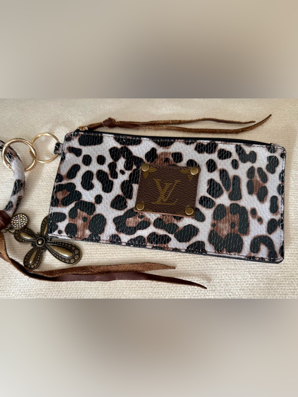 Upcycled Repurposed Leopard Print Wristlet in Black, Brown and Cream